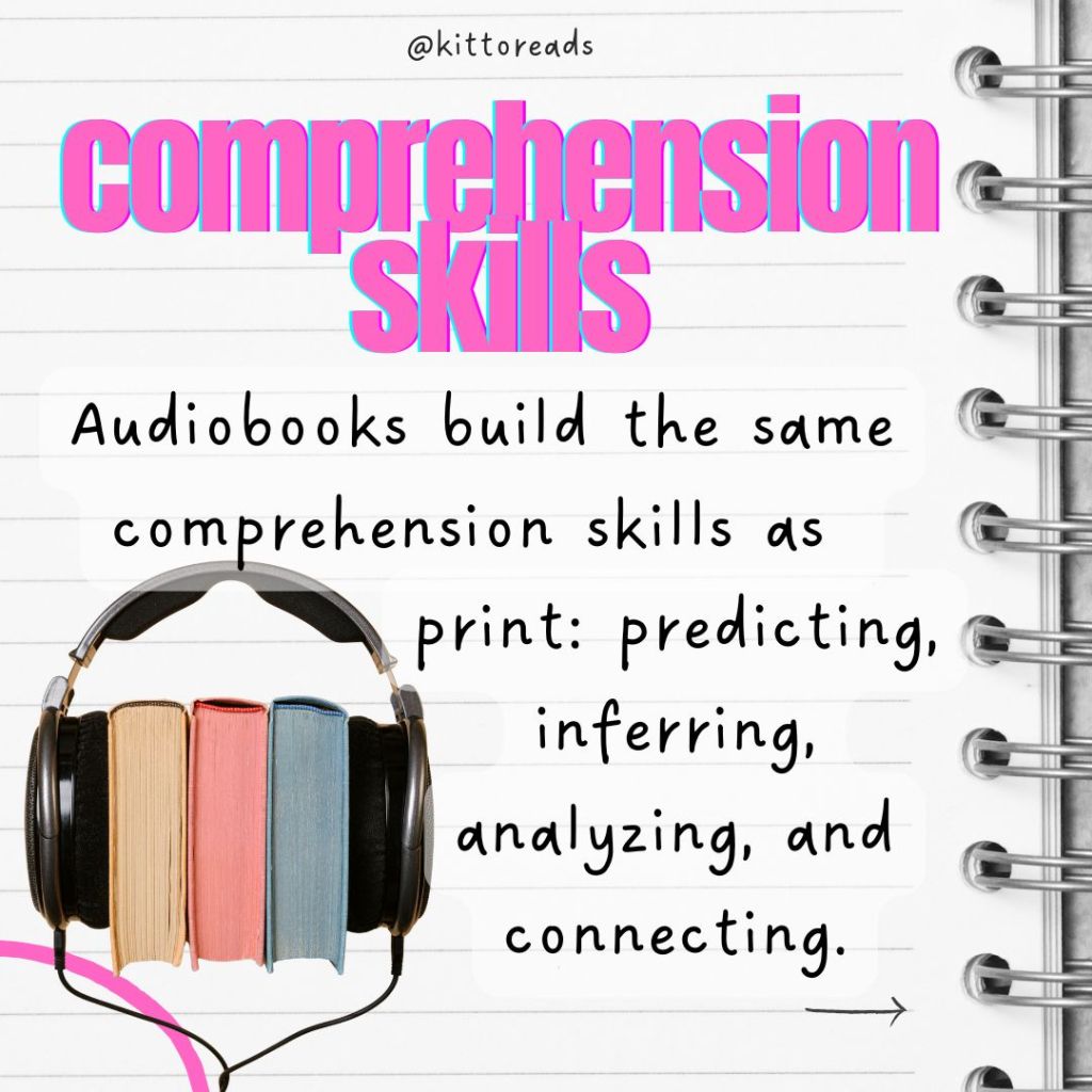 Comprehension skills

Audiobooks build the same comprehension skills as print: predicting, inferring, analyzing, and connecting.